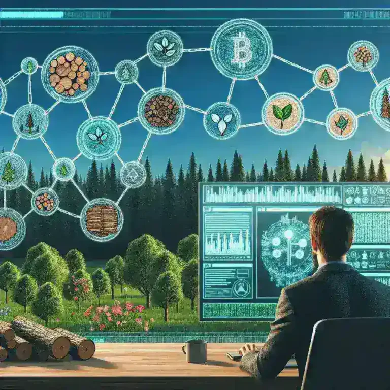 "Diagram illustrating the implementation of blockchain technology for certification of social forestry products, showcasing key processes and benefits for sustainable forest management."